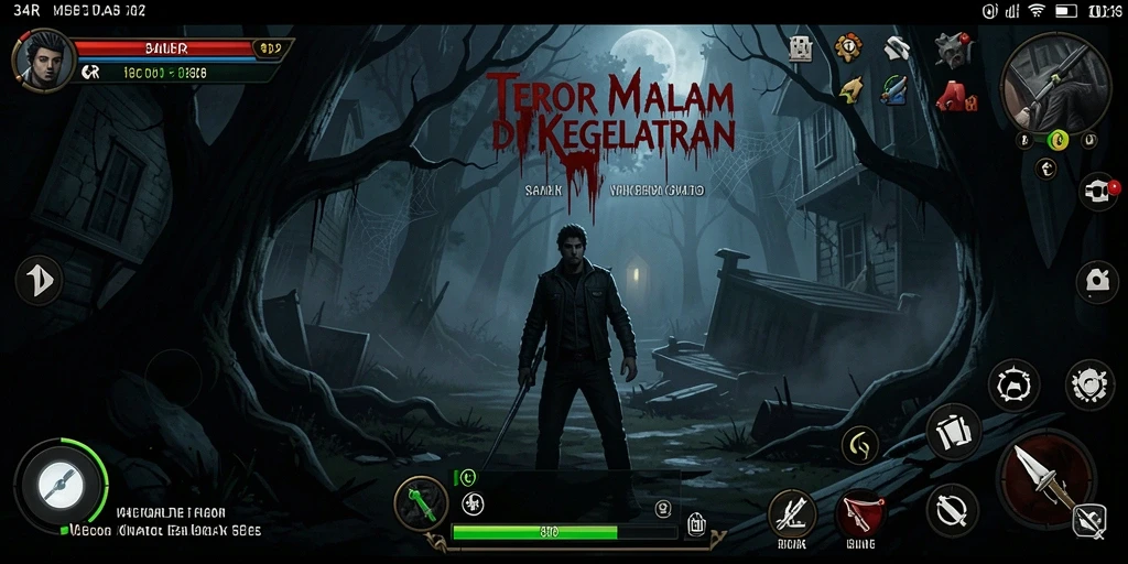 Tangkapan layar gameplay 34R dengan suasana menegangkan di kegelapan.