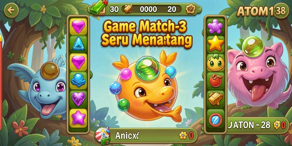 Screenshot gameplay ATOM138 menampilkan kombinasi batu permata yang menarik.