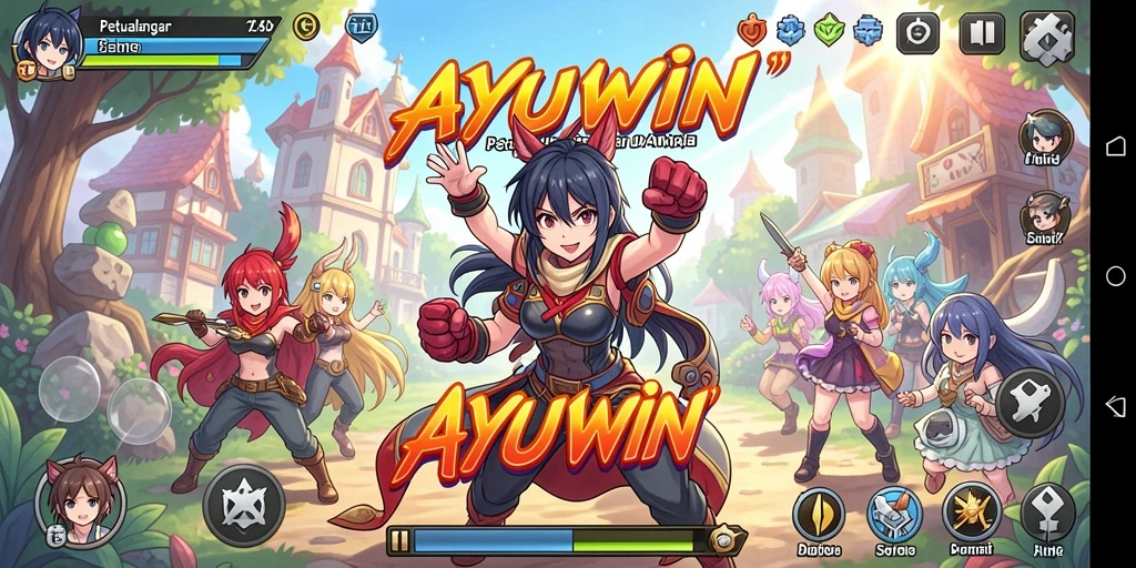 Screenshot gameplay AYUWIN menampilkan pertarungan seru dengan karakter Anime ikonik.