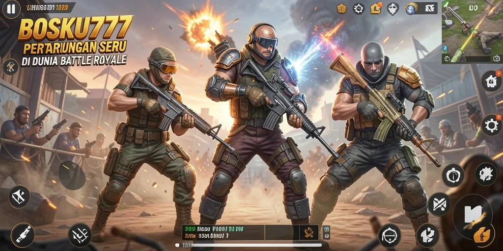 Tampilan seru dari gameplay BOSKU777 di arena Battle Royale.