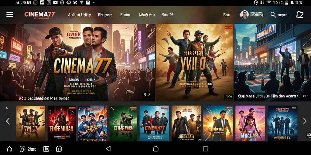 Tampilan aplikasi CINEMA77 dengan koleksi film dan acara TV menarik.