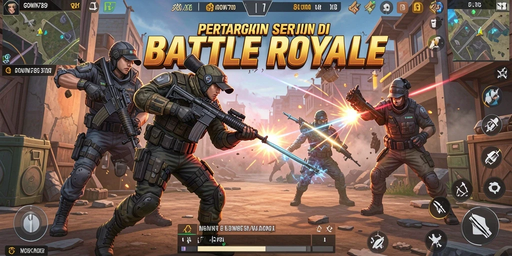 Screenshot GOWIN789 menampilkan aksi pertempuran yang intens di medan perang Battle Royale.