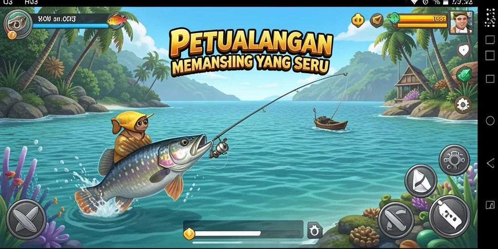 Screenshot gameplay H03 yang menunjukkan petualangan memancing yang seru.