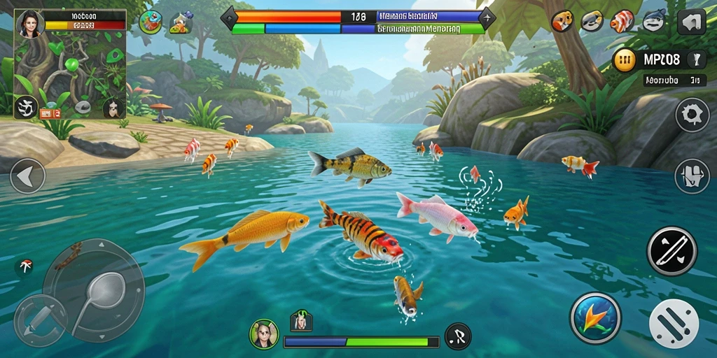 Screenshot gameplay MPO08 menampilkan aksi seru memancing di laut.