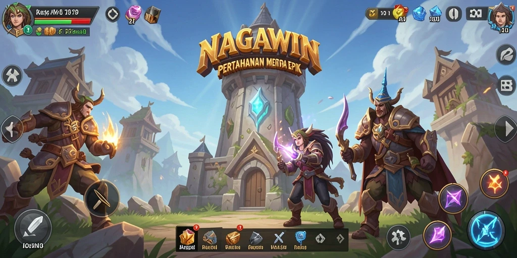 Tampilan gameplay NAGAWIN yang menarik dalam mode Tower Defense.