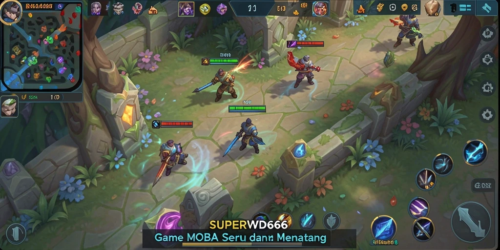 Menampilkan aksi seru dari gameplay MOBA SUPERWD666.